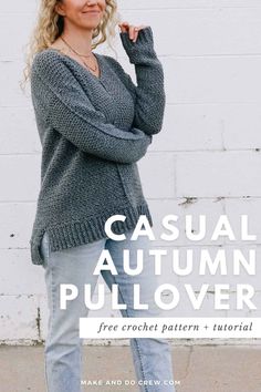 a woman standing in front of a white brick wall with the words casual autumn pullover