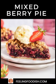 a slice of mixed berry pie on a white plate