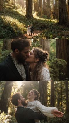 a couple kissing in the woods surrounded by tall trees and sunbeams, with one woman wearing a white dress