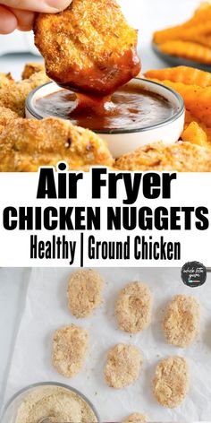 air fryer chicken nuggets with dipping sauce on top and in the middle