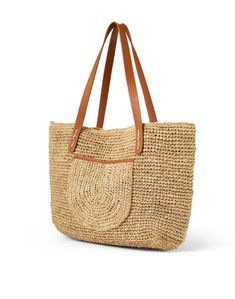 Lending a tropical twist to your everyday carryall, Laggo's Casablanca bag is getaway-ready. The roomy tote silhouette is crafted from woven raffia, finished with leather handles, and lined in nylon for the perfect blend of fashion and function. Wear yours over your shoulder with your favorite warm weather ensembles. Double Handle Woven Leather Beach Bag, Woven Leather Double Handle Beach Bag, Natural Woven Leather Crochet Bag For Everyday Use, Everyday Jute Bags With Woven Leather, Everyday Bags With Woven Leather, Everyday Bag With Woven Leather, Woven Leather Double Handle Shoulder Bag, Woven Leather Beach Bag With Top Handle, Woven Leather Top Handle Beach Bag For Travel