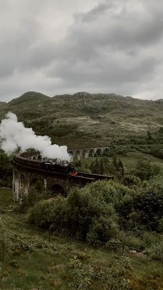 a steam train traveling over a bridge on top of a lush green hillside