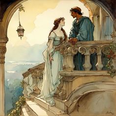 a painting of a man and woman standing on a balcony looking at eachother