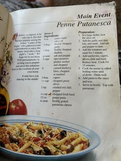 an open cookbook showing the contents of a pasta dish