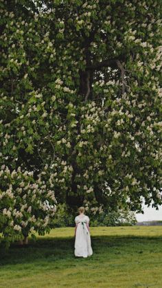 a woman in a white dress standing under a large tree