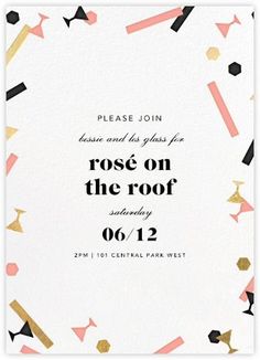 a white card with black and gold confetti on it, says rose on the roof