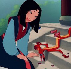 an animated woman sitting on the steps next to a red dragon and another cartoon character