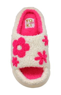 Curly textured faux shearling boosts the cozy look an feel of this plush slipper bursting with bright flowers. Textile faux shearling upper and lining/synthetic sole Imported Comfy Synthetic Slippers For Spring, Super Soft Indoor Slippers For Spring, Super Soft Spring Slippers With Round Toe, Comfortable Fluffy Slippers For Spring, Soft Synthetic Slippers For Spring, Spring Slippers With Faux Fur Lining And Round Toe, Cozy Super Soft Slippers For Spring, Fall Bathroom Decor, Shearling Slippers