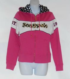 South Pole Junior Front Zip Logo Hoodie Jacket Deep Pink Speedway Medium (M) NWT Click to Enlarge Click to Enlarge Up for consideration from SOUTH POLE JUNIOR FRONT ZIP LOGO HOODIE JACKET IN SIZE MEDIUM (M) COLOR: DEEP PINK SPEEDWAY LONG SLEEVES WITH RIBBED CUFFS LEFT SLEEVE WITH WHITE STRIPE & EST. & RIGHT SLEEVE 1991 NAVY WITH WHITE STARS SATIN LINED DRAWSTRING HOOD  WIDE WHITE STRIPE ON BODICE WITH "SOUTHPOLE" IN NAVY WITH WHITE STARS TWO (2) FRONT POCKETS FRONT ZIPPER WITH SOUTH POLE P Varsity Cotton Long Sleeve Hooded Jacket, Varsity Cotton Hooded Jacket With Long Sleeves, Cotton Varsity Hooded Jacket With Long Sleeves, Varsity Cotton Hoodie Outerwear, Cotton Varsity Hoodie Outerwear, Varsity Cotton Hooded Jacket For Fall, Cotton Varsity Outerwear With Drawstring Hood, College Spring Hoodie Outerwear, White Stars