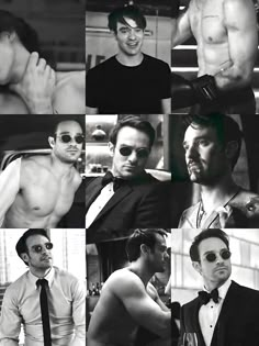 many different pictures of a man with no shirt and sunglasses on, including one without his shirt