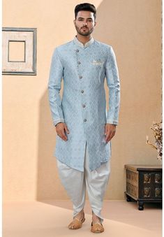 Indowestern Outfits For Men Indian Weddings, Light Blue Saree, Indowestern Outfits For Men, Sherwani With Dhoti, Indowestern Outfits, Celebrity Gowns