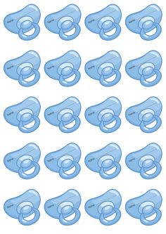 a set of blue pacifiers with different shapes and sizes, all in various positions