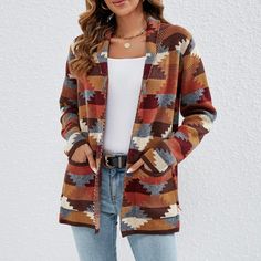 Women's Ethnic Cardigan Aztec Print Knitted Cardigan Fair Isle Sweater Coat For Fall, Casual Jacquard Knit Sweater Coat For Fall, Casual Fall Outerwear With Geometric Pattern, Long Sleeve Fair Isle Cardigan For Fall, Fall Long Sleeve Cardigan With Fair Isle Pattern, Fall Fair Isle Pattern Long Sleeve Cardigan, Fall Fair Isle Long Sleeve Cardigan, Casual Geometric Pattern Fall Sweater, Casual Geometric Pattern Sweater For Fall