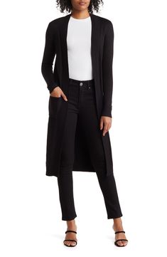 Easily add casual comfort to any look with this longline open-front cardigan cut with must-have pockets from a stretch-enhanced knit blend. 42" length (size S) Shawl collar Long sleeves 70% viscose, 30% nylon Machine wash Imported Model stats: 5'10" height, 32" bust, 25" waist, 36" hip. Model is wearing size S. Versatile Stretch Cardigan For Work, Versatile Stretch Cardigan For Layering, Long Casual Sweater Coat For Layering, Casual Open Front Sweater Coat For Work, Casual Fitted Full-length Outerwear, Casual Long Sweater Coat For Layering, Casual Fitted Outerwear, Fitted Full Length Casual Outerwear, Casual Black Full-length Outerwear