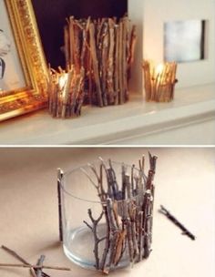 several different pictures of candles and branches in glass vases