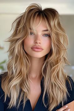 Textured Blonde Shag, long layered haircut with fringe Edgy Shag Haircut, Rock Chick Hair, Blonde Hair Cuts, Bangs Shag, Blonde Shag, Shaggy Cut, Hairstyles For Seniors, Long Fringe Hairstyles, Medium Length Blonde Hair