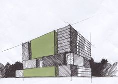 a drawing of a green building with trees in the background