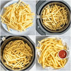 four pictures showing how to make french fries in an air fryer and then put them in the pot