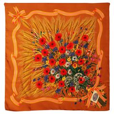 Early 1970's Scarf Spighe Wheat printed on silk, gorgeous bouquet of poppy flowers and wheat coming out of one corner and around it. illustrator Vittorio Accornero designed some iconic scarves for Gucci in the late 60s and 70s, and the label’s throwing back to those designs in its latest collection. The usual big branding is stripped back to a single corner on this silk scarf, with the star-patterned border framing the artist's florals in the centre, signed off with his name at the bottom. Made Gucci Silk Scarf, Designer Silk Scarves, Gucci Floral, Gucci Scarf, Flora Print, Floral Silk Scarf, Flower Scarf, Scarf Silk, Printed Silk Scarf