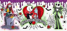 two cartoon characters are standing next to each other in front of a purple background with the words true love never dies