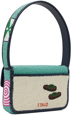 Hand-beaded shoulder bag in multicolor. · Graphics and buffed faux-leather trim throughout · Fixed carry handle · Beaded logo at back face · Patch pocket at back face · Magnetic press-stud flap · Zip pocket at interior · Satin lining · H6 x W10 x D2 Supplier color: Umbrellas Tommy Beaded Bag, Beaded Shoulder Bag, Face Patches, Beaded Bag, Beaded Bags, Press Studs, Leather Trim, Leather Trims, Patch Pocket