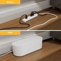 two images side by side showing the same device connected to an outlet and plugged in