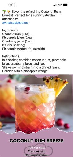 a menu for a cocktail with pineapple, cranberry juice and coconut rum