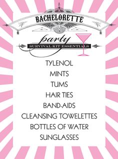 the bachelor party menu is shown in pink and white