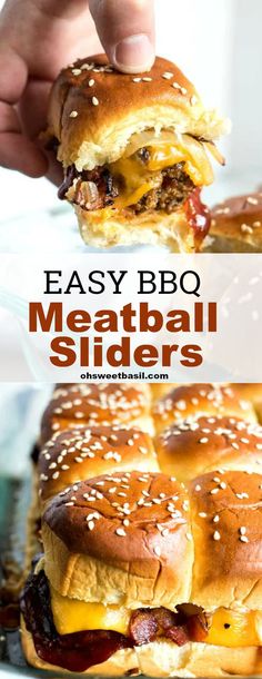 a hand holding up a meatball slider with cheese on it and the words, easy bbq meatball sliders