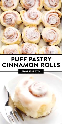 cinnamon rolls on a white plate with a fork and text overlay that reads puff pastry cinnamon rolls