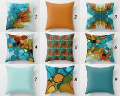 six pillows with different designs on them and numbers in the bottom right corner, below