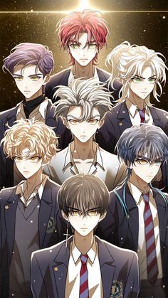 an anime group is standing together in front of the sun and stars, all wearing suits