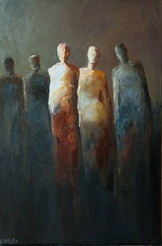 an oil painting of five people standing in a row with their backs to the camera