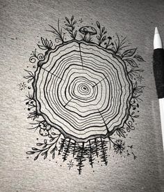 a pencil drawing of a tree stump with leaves and branches around it on top of a piece of paper