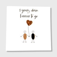 8th Wedding Anniversary Card Bronze Anniversary 8 Years Down Wife Husband Him Her Couple Son Daughter Friends This 8th Wedding Anniversary card - 8 years down forever to go - is designed with a stick couple holding a bronze coloured glitter fabric heart balloon.  Each little person is embellished with genuine leather, vegan cork leather or vegan faux leather clothing, the colours of which will be picked at random and will vary from card to card and the sample image in this listing.  The inside of the card is left blank for your own personal message.  If you would like a short message printed inside the card, then please select from the option above. Premium white square card 140gsm envelope  148mm x 148mm (just under 6" square)  All cards are protected within a clear cellophane bag and shi Stick Couple, 21st Wedding Anniversary, 8 Year Anniversary, Anniversary Cards For Him, 8th Wedding Anniversary, Bronze Anniversary, 6th Wedding Anniversary, Wedding Anniversary Card, Leather Anniversary