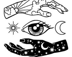 an eye with stars and moon in the sky above it, surrounded by other symbols