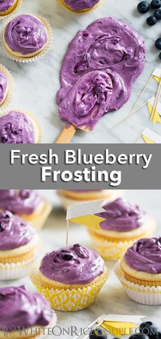 fresh blueberry frosting on top of cupcakes