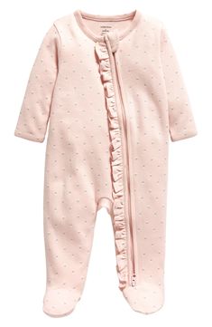 Nordstrom Floral Ruffle Zip-Up Cotton Footie | Nordstrom Spring Ruffled Onesie For Loungewear, Spring Loungewear Onesie With Ruffles, Pink Long Sleeve Footie For Bedtime, Spring Long Sleeve Footie For Bedtime, Spring Bedtime Footie, Spring Cotton Footie For Loungewear, Spring Season Cotton Sleep Footie, Pink Lotus, Floral Ruffle