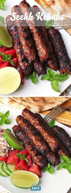 grilled steaks and vegetables on a white plate with the words seeth kebabs