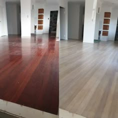 an empty room with hard wood floors and white walls, is seen in this image