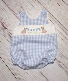 "Puppy Birthday Bubble Romper, Blue Gingham Romper, handmade by Sew Very Sweet  Boys Birthday  Boy Outfit.  Features Birthday Puppies/Dogs holding banner \"Happy Birthday\" with party hats. Inside of the Romper the seams are on the inside, so no seems are visible and finished for a professional look.  The fabric is gingham and lined with basic white Cotton.  The crotch has snaps for easy changing.  The legs have elastic inside casing to not touch skin. Measurements for the Romper: Are based on a Birthday Boy Outfit, Gingham Romper, Baby Heirloom, Happy Birthday Boy, Future Boy, Puppy Birthday, Baby Boy 1st Birthday, Boys Birthday, Boys Romper