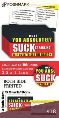 Parking Cards (Pack of 100) Standard Business Card Size, Pack Of Cards, Cardstock Paper, The 100, Clothes Design