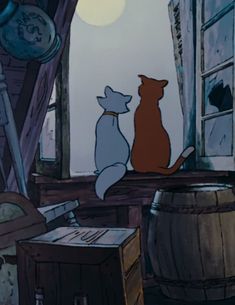 a cat and dog sitting on a window sill looking out at the moon outside