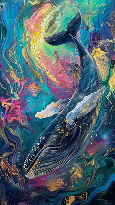 a painting of a humpback whale in the ocean with colorful swirls and bubbles