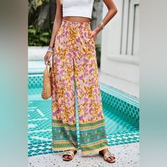 Brand New From My Boutique @Loyoboutique. I Post On Here For Extra Exposure To All Of You Beautiful People Who Otherwise Wouldn’t Know We Exist! We Ship Same Day Multicolor Floral Print Summer Pants, Multicolor Vacation Pants With Elastic Waistband, Summer Orange Pants For Vacation, Multicolor Vacation Pants With Pockets, Vacation Multicolor Printed Wide Leg Pants, Multicolor Printed Wide Leg Vacation Pants, Multicolor Printed Wide Leg Pants For Vacation, Yellow Floral Print Vacation Pants, Orange Floral Print Summer Bottoms