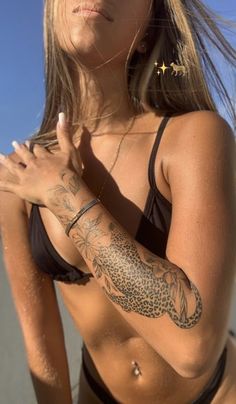 Leopard Half Sleeve Tattoo, Leopard Ankle Tattoo, Leopard Arm Tattoos For Women, Scattered Arm Tattoos For Women, Stomach Tattoo Female, Tattoo Half Sleeve Women, Upper Wrist Tattoo, Patch Sleeve Tattoo Women, Patchy Sleeve Tattoo Women