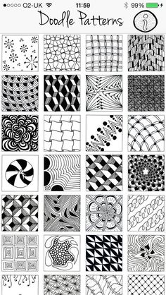 doodle patterns in black and white with the words doodles written below each one