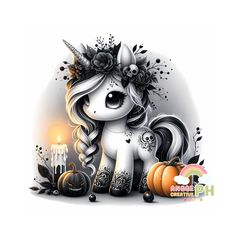 a cartoon unicorn sitting next to some pumpkins and candles in front of a white background