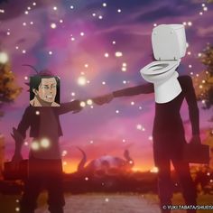 two people shaking hands over a toilet in front of a sky filled with stars and fireworks