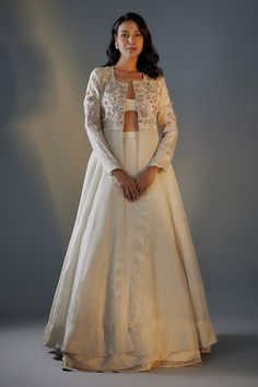 Beige tissue lehenga with golden lace hem. Comes with bustier and a longline, kalidar floral embroidered jacket. - Aza Fashions Front Open Zari Work Choli For Wedding, Front Open Fitted Lehenga For Reception, Wedding Festive Front Open Lehenga, Front Open Lehenga With Resham Embroidery For Wedding, Wedding Anarkali Set With Intricate Embroidery And Front Open, Fitted Front Open Lehenga For Reception, Elegant Front Open Choli For Wedding, Fitted Choli With Intricate Embroidery And Front Open Design, Wedding Lehenga With Resham Embroidery And Front Open